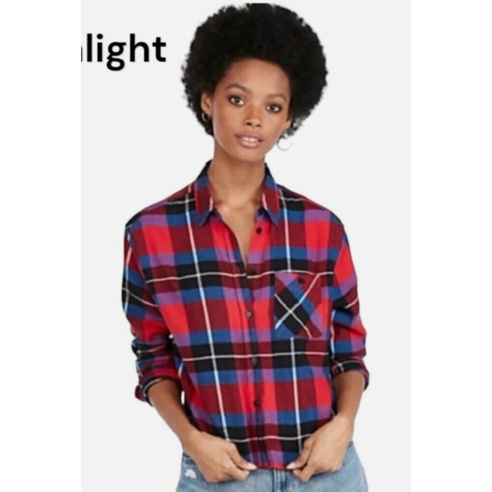 Express Red and Blue Plaid Long Sleeve Button-Up Shirt